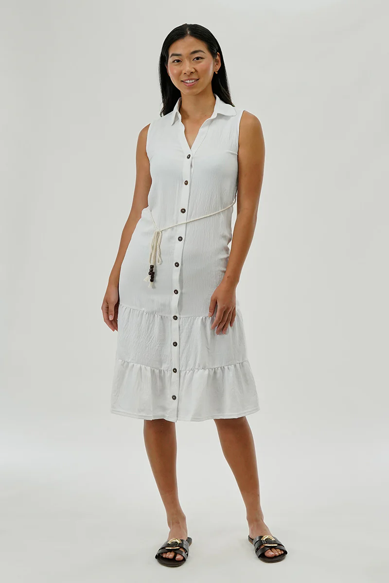Vintage Rope Belted Button Down Day Dress - White