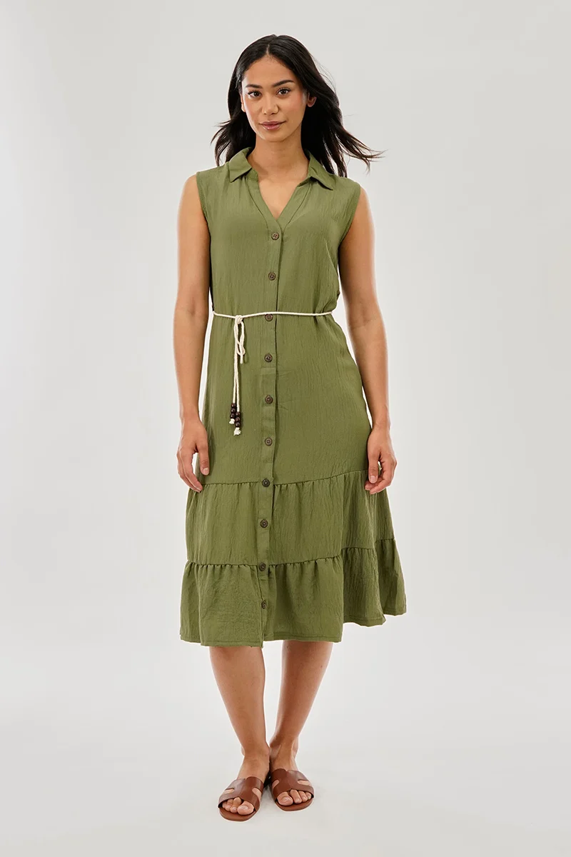 Rope Belted Button Down Day Dress - Olive