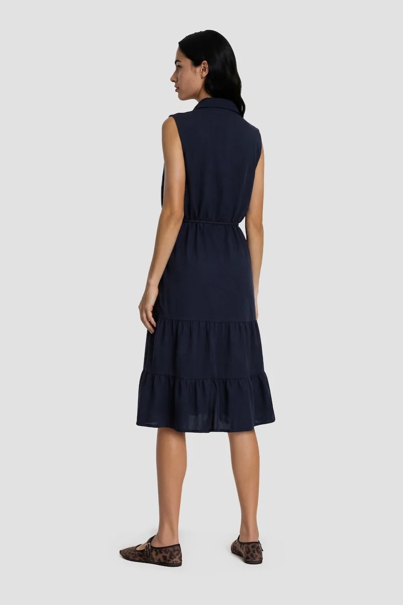 Button Down Sleeveless Midi Dress - Navy - Image 2