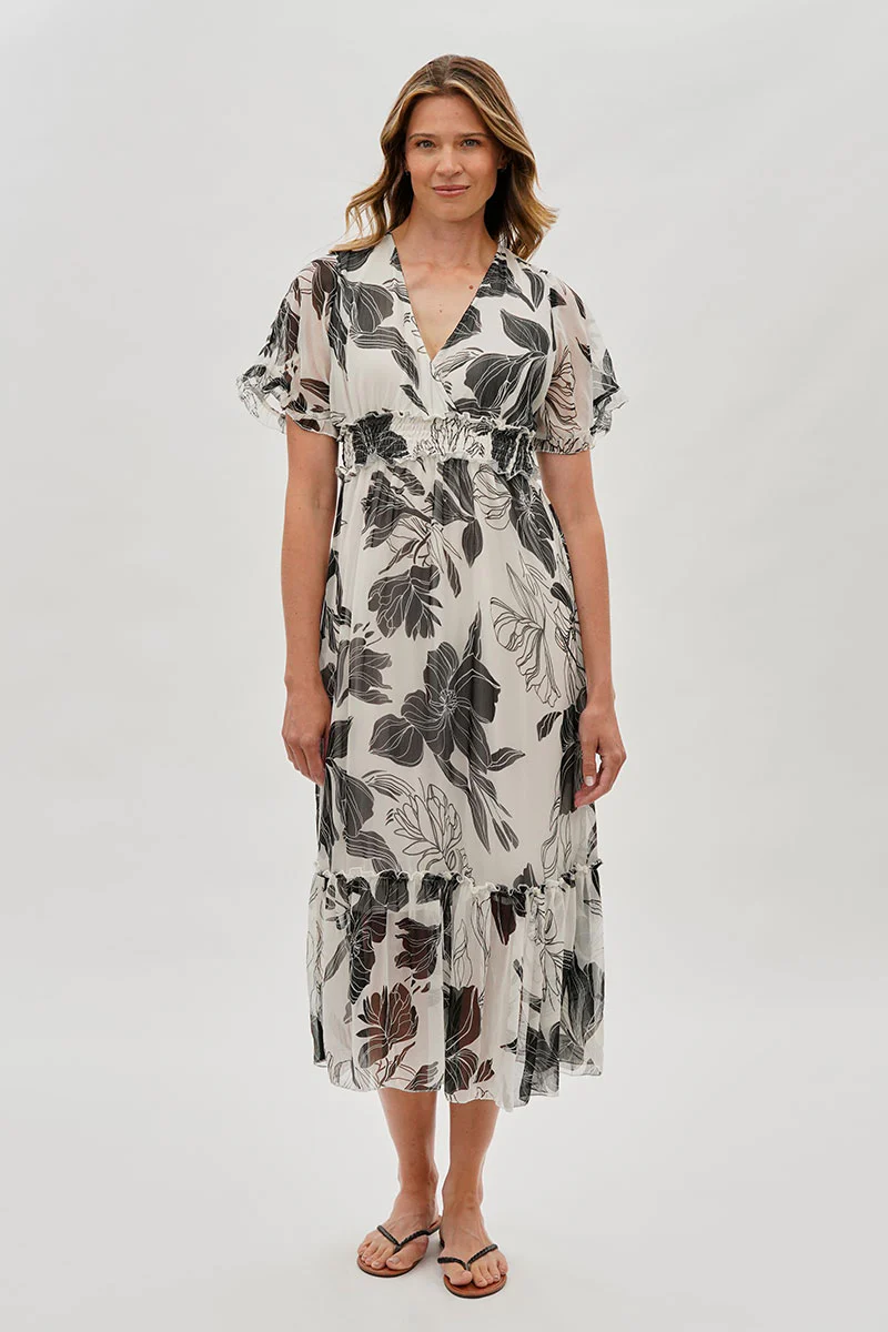 Floral Cinched Waist Maxi Dress - White