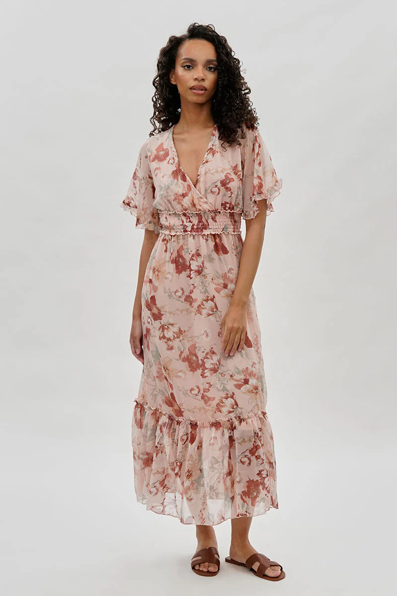 Floral Cinched Waist Maxi Dress - Blush