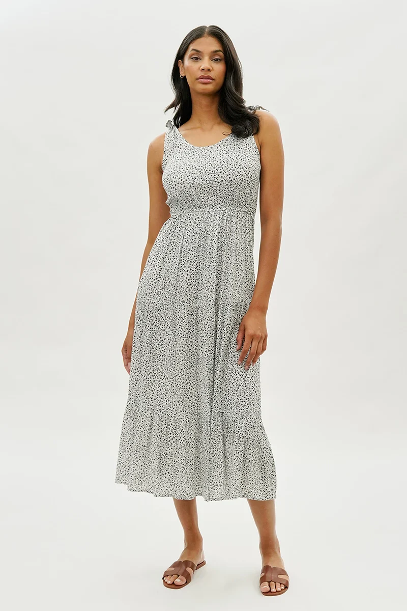 Floral Tiered Shoulder Tie Maxi Dress - White