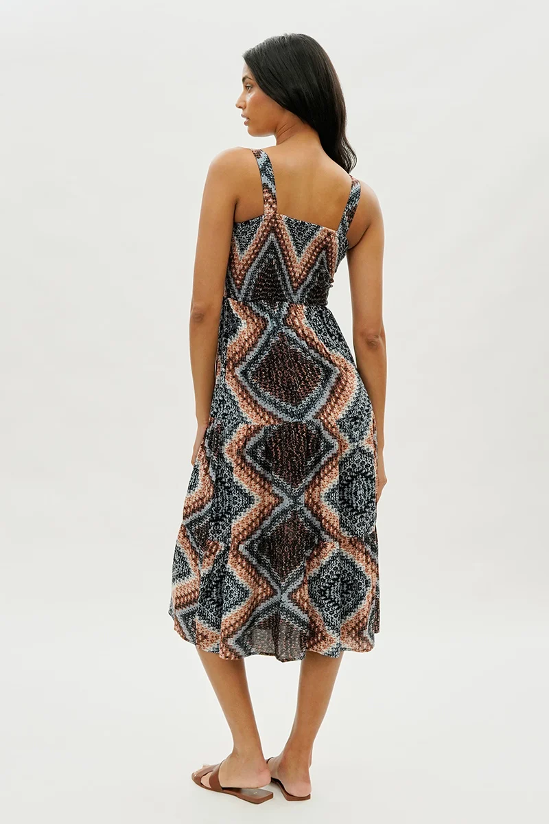 Geometric Print Smocked Waist Midi Dress - Black - Image 3