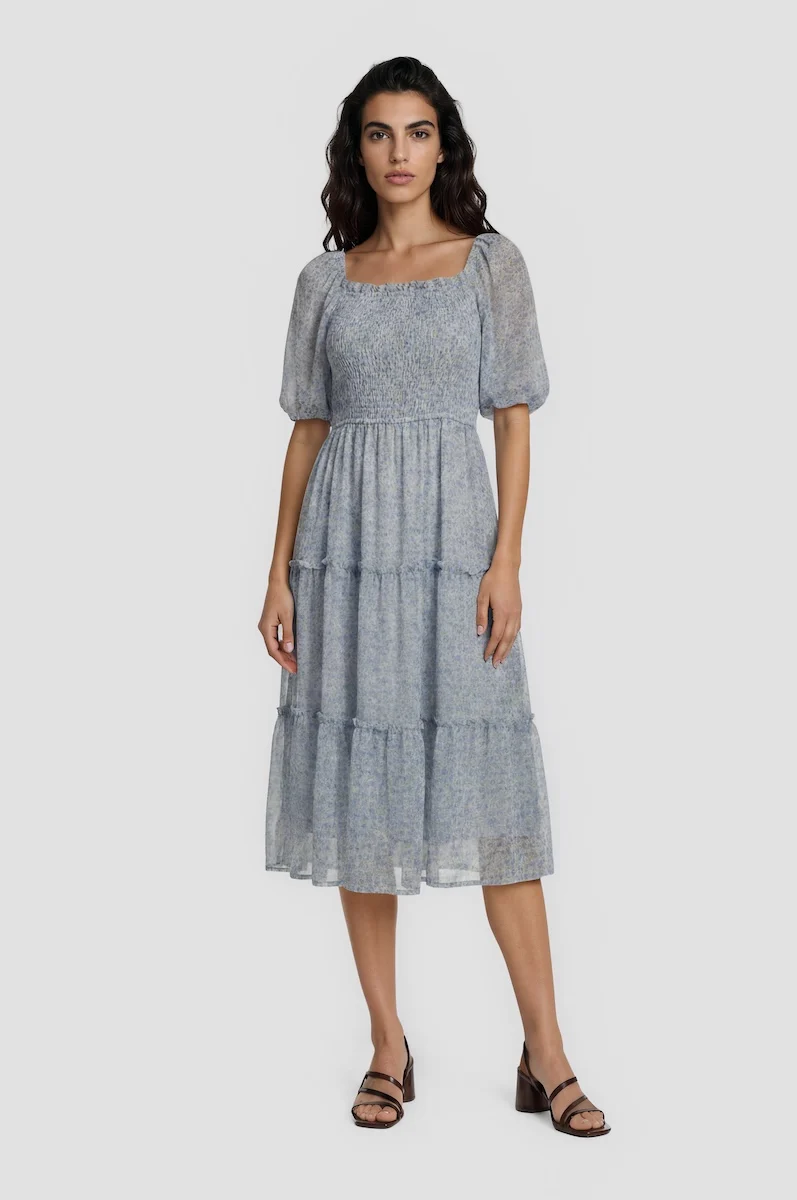 Puff Sleeve Smocked Midi Dress - Blue