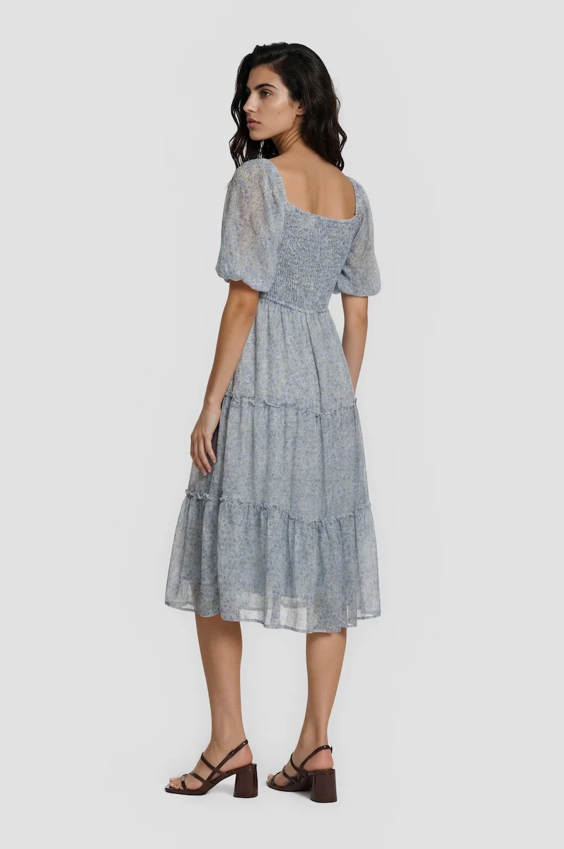 Puff Sleeve Smocked Midi Dress - Blue - Image 2