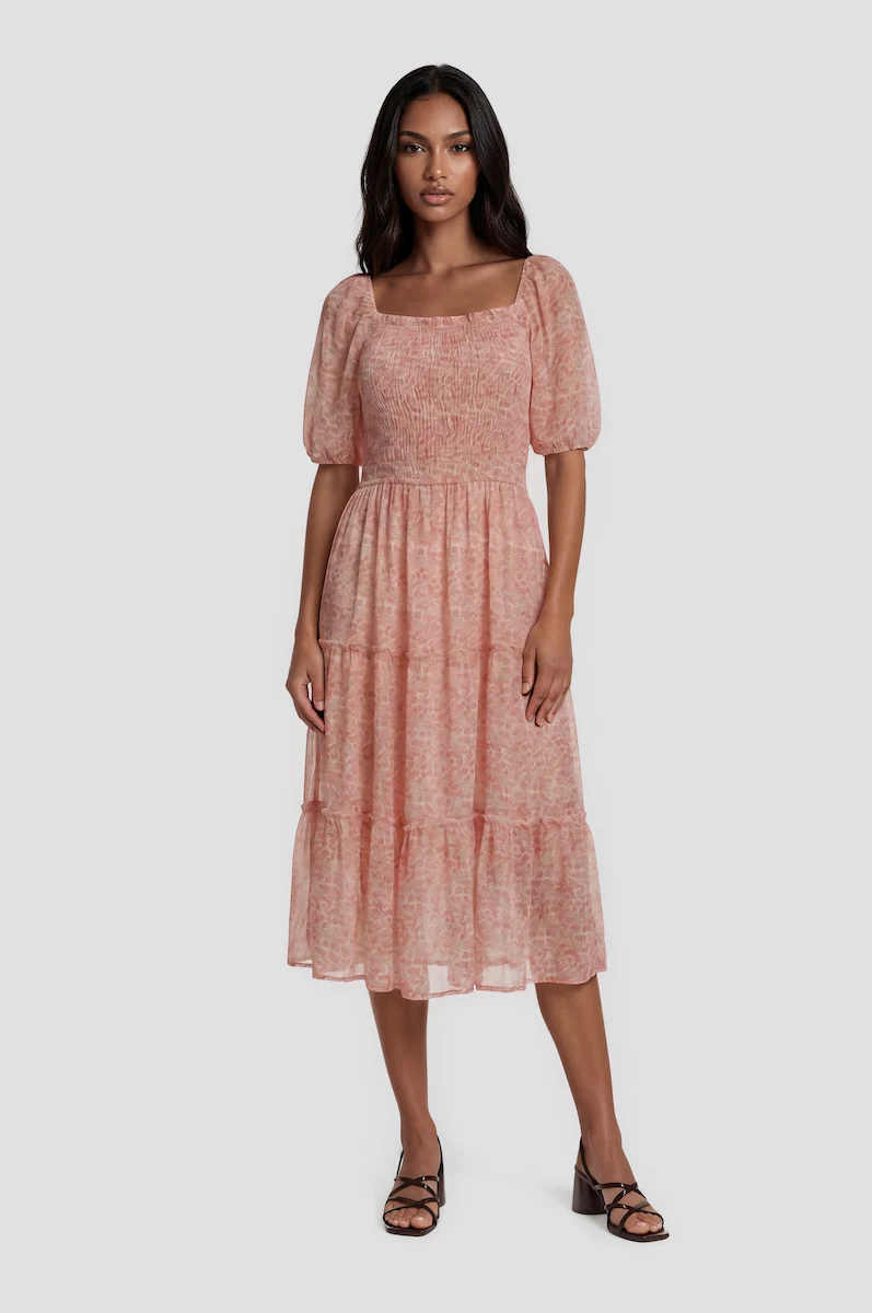 Puff Sleeve Smocked Midi Dress - Coral