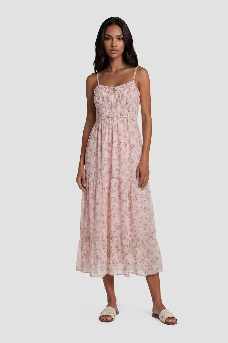 Thin Strap Printed Tiered Dress - Pink