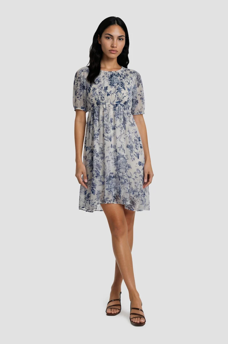 Puff Sleeve Smock Tiered Dress - Blue
