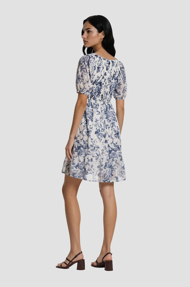 Puff Sleeve Smock Tiered Dress - Blue - Image 2