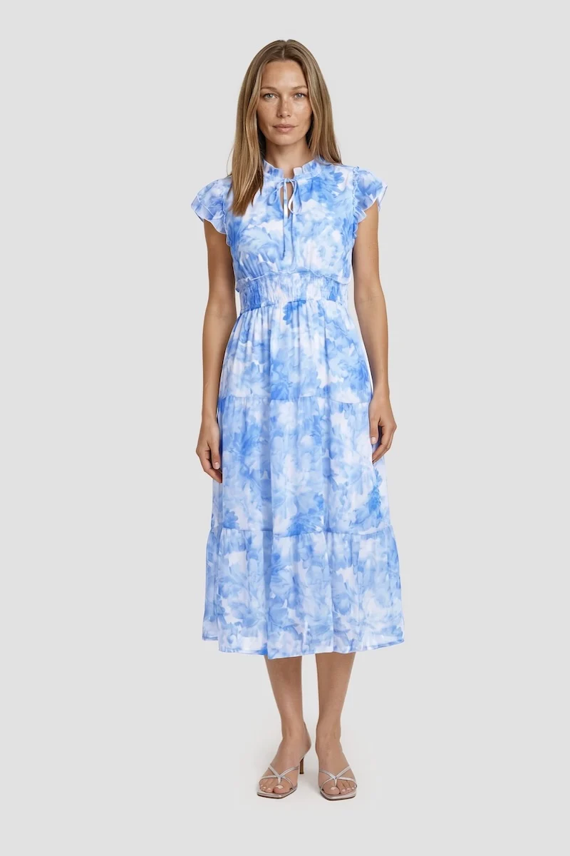 Floral Print Ruffle Neck Midi Dress - Blue