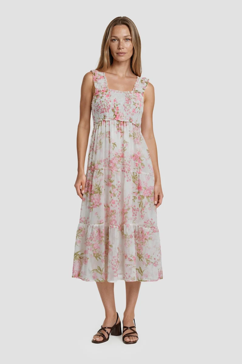 Smocked Tiered Midi Dress - Blush
