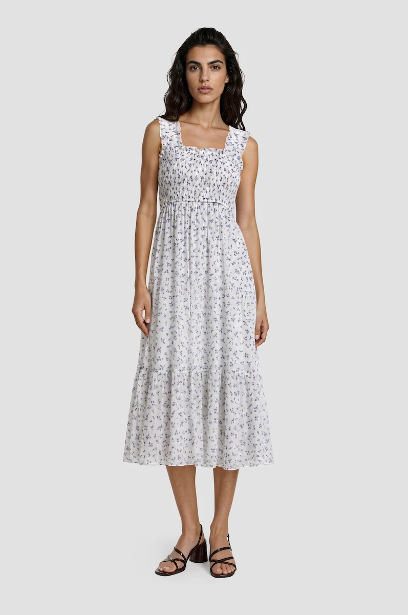 Smocked Tiered Midi Dress - White