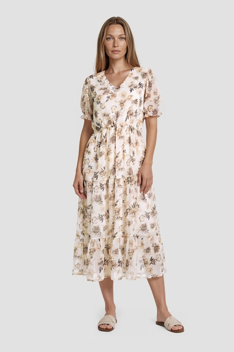 V Neck Flower Print Midi Dress - Taupe