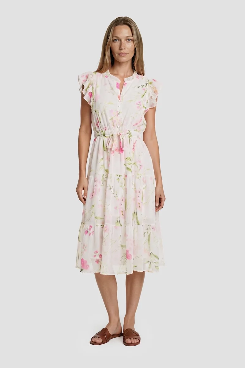 Short Sleeve Tie-Up Midi Dress - White