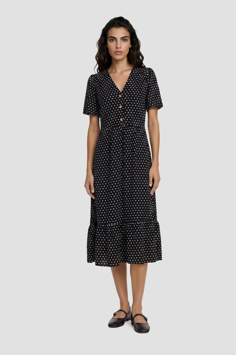 Short Sleeve Tiered Midi Dress - Black