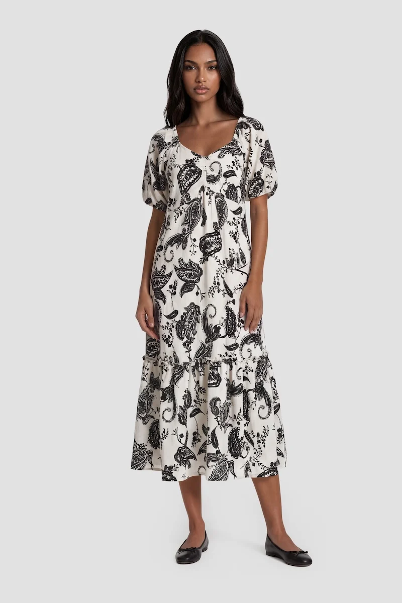 Short Sleeve Printed Midi Day Dress - White