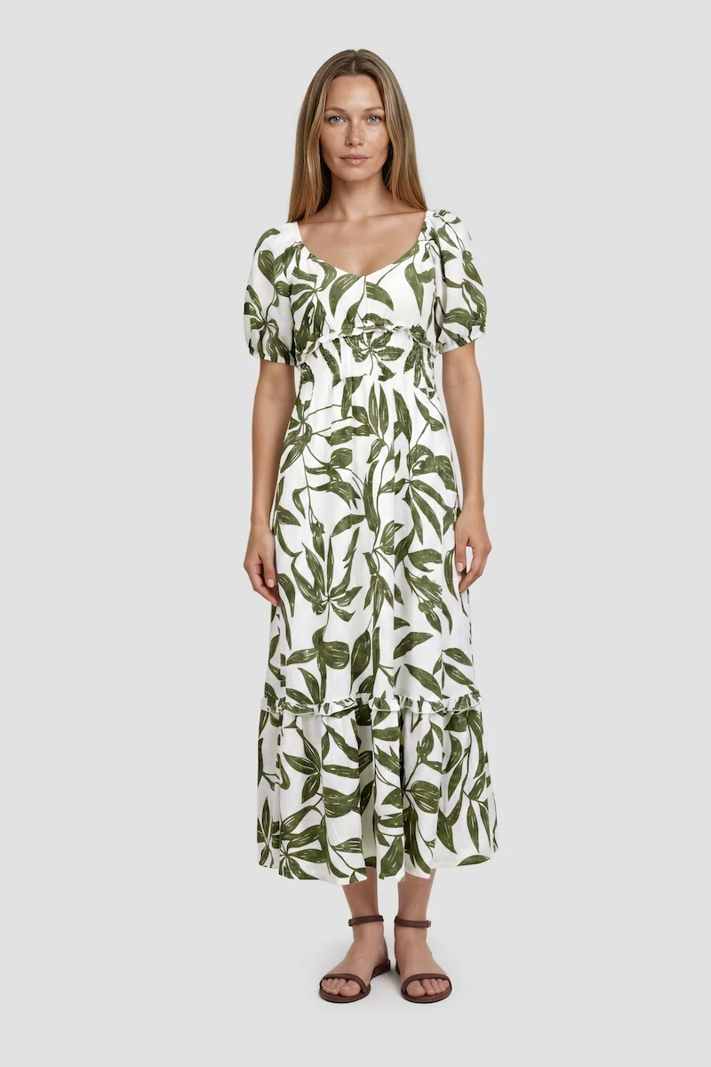 Short Sleeve Printed Midi Day Dress - Green