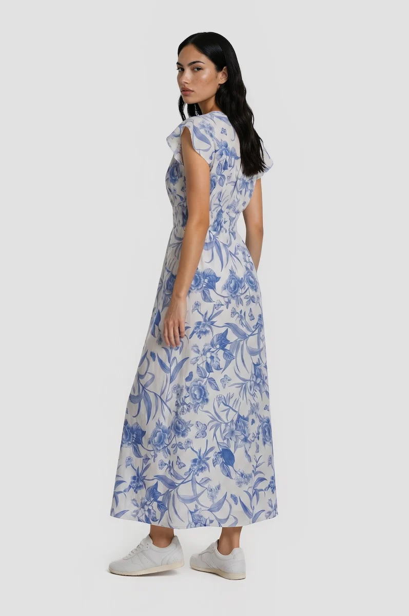 V Neck Cinched Waist Maxi Dress - Blue - Image 2