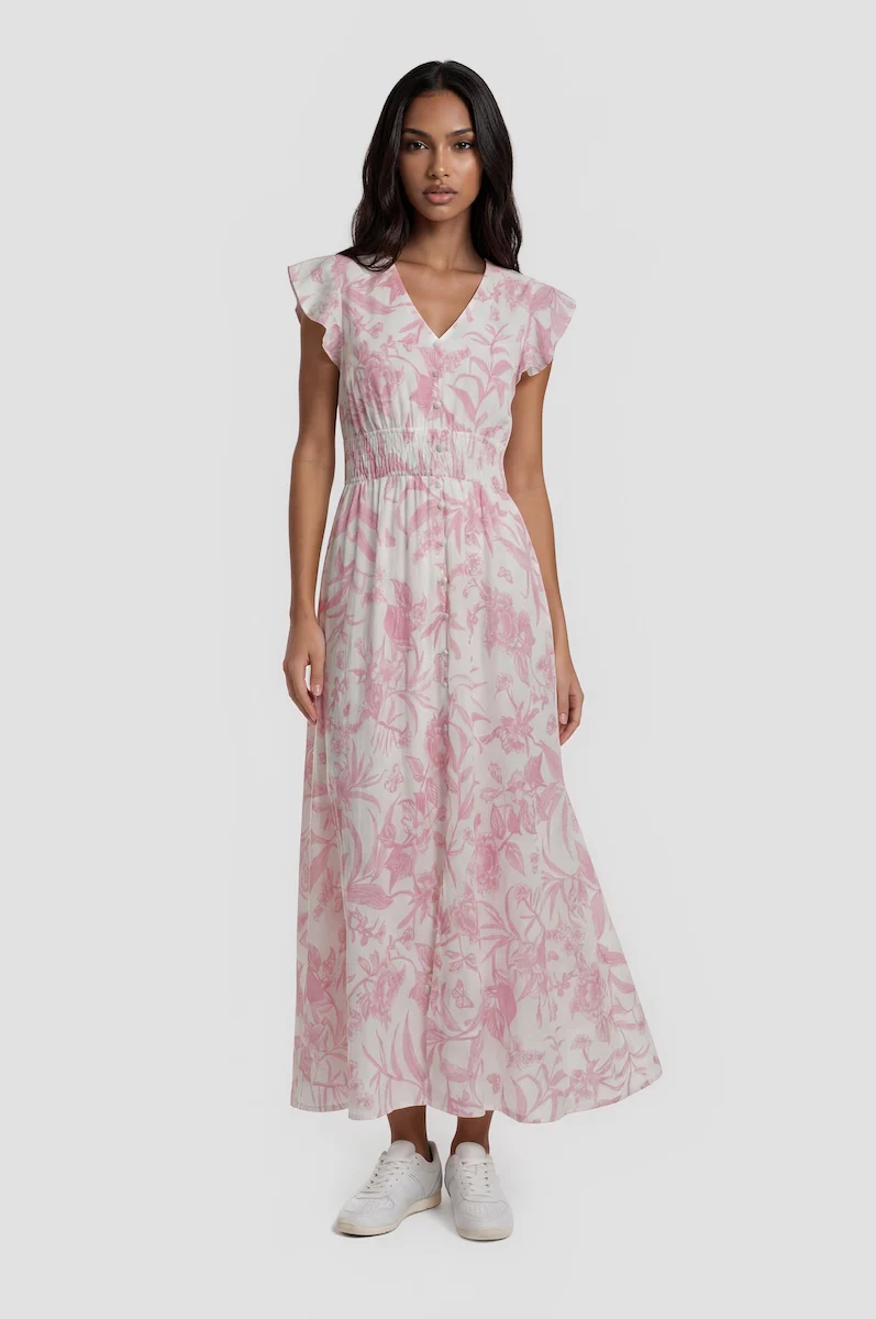 V Neck Cinched Waist Maxi Dress - Pink