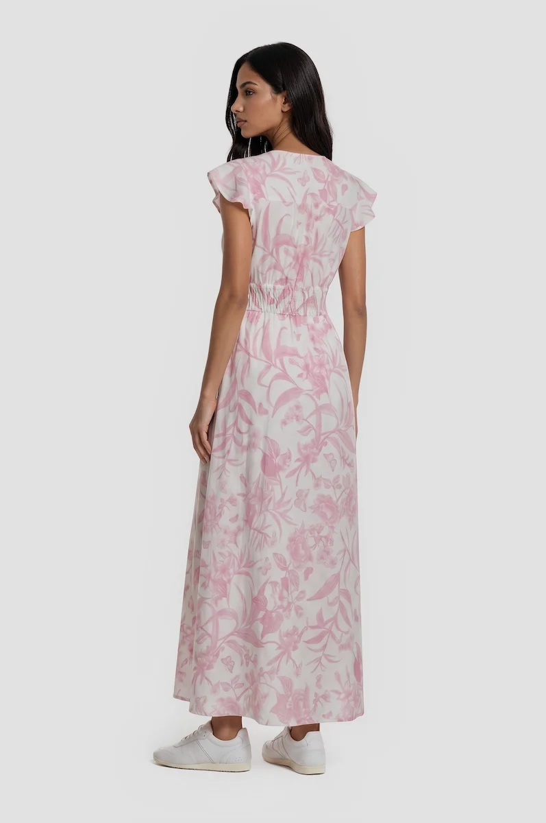V Neck Cinched Waist Maxi Dress - Pink - Image 2