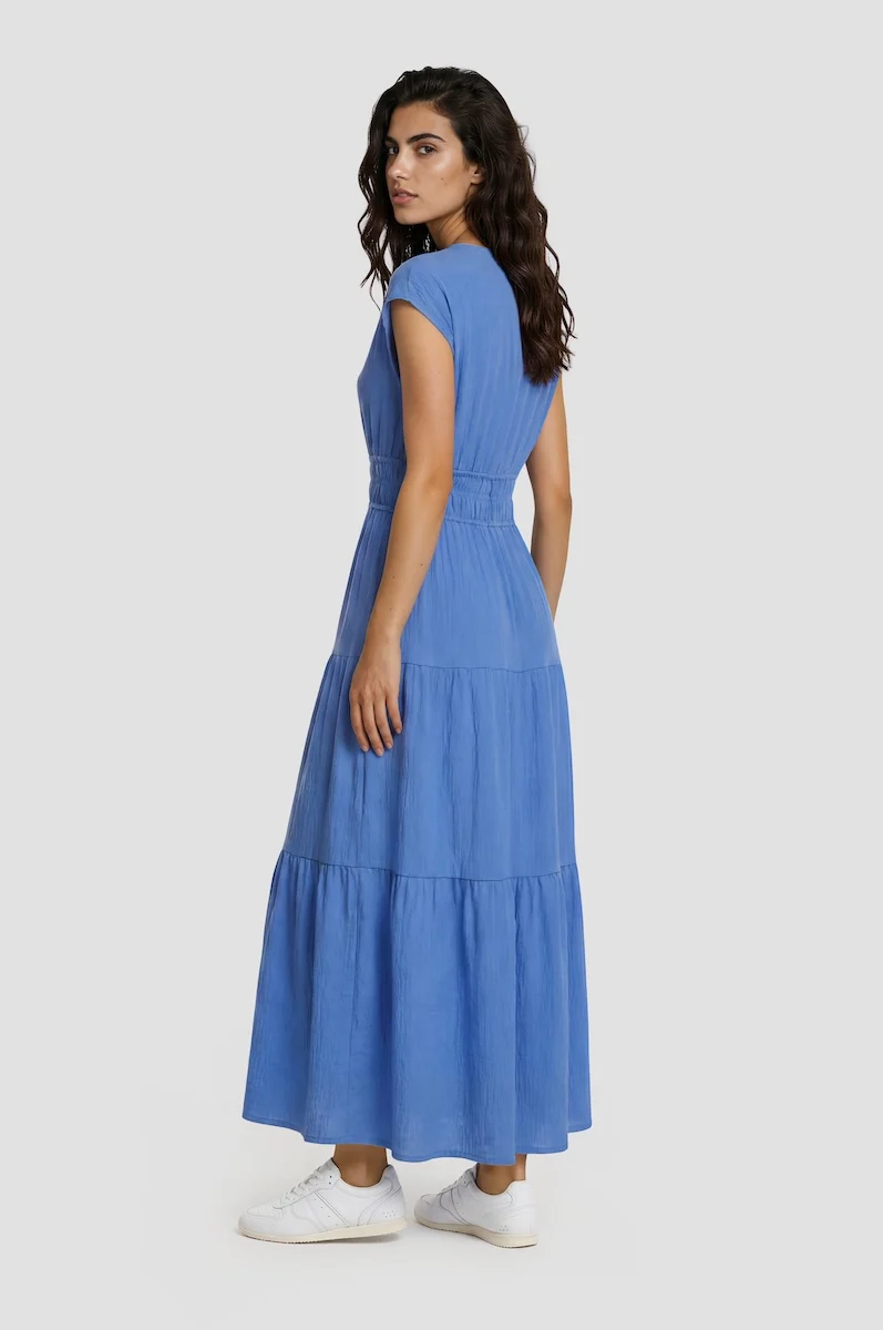 Tiered V Neck Maxi Dress - Blue - Image 2