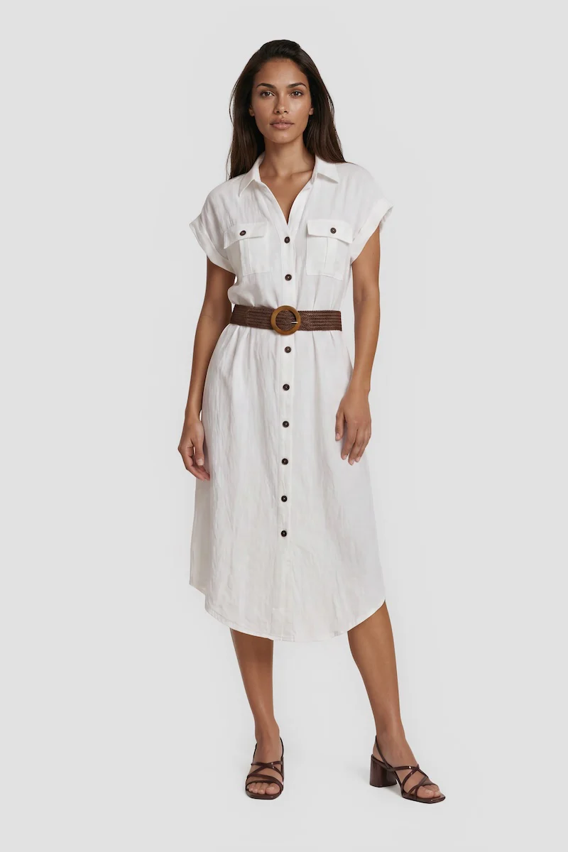 Short Sleeve Button-Up Day Dress With Belt - White
