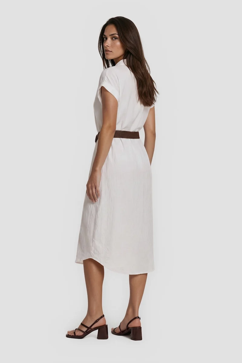 Short Sleeve Button-Up Day Dress With Belt - White - Image 2