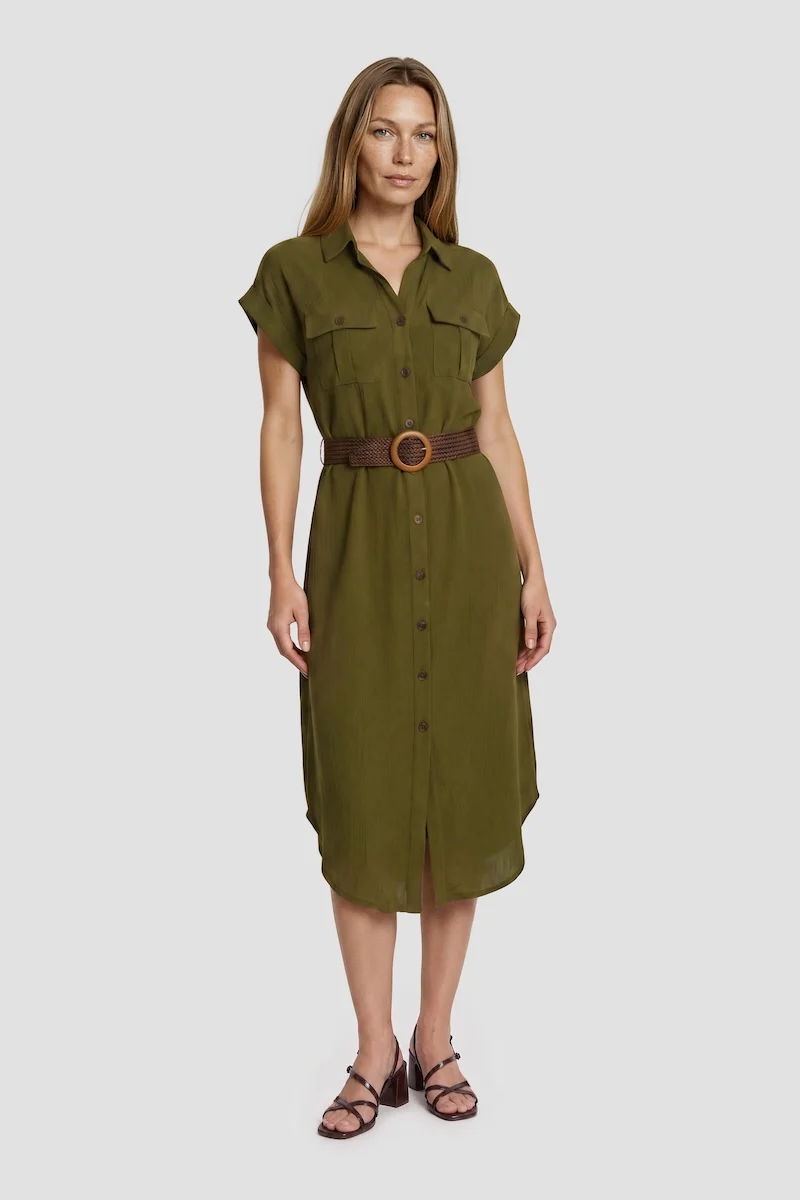 Short Sleeve Button-Up Day Dress With Belt - Green