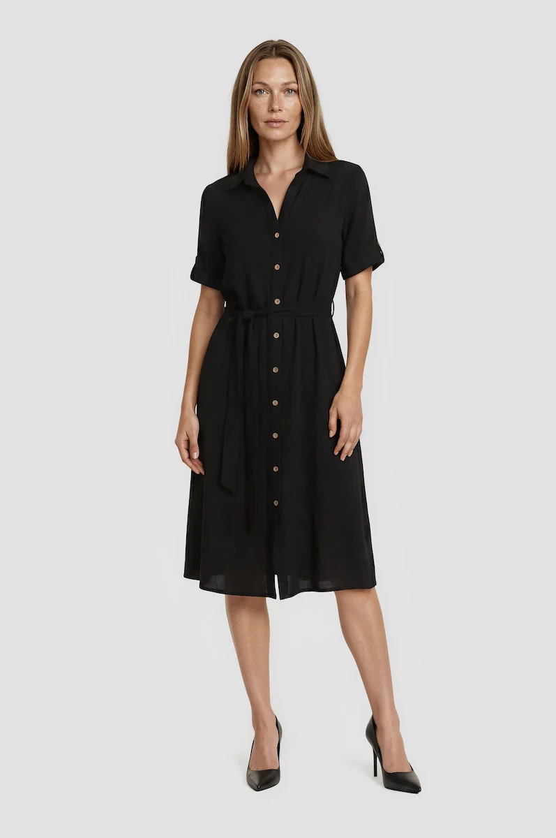 Short Sleeve Button Up Midi Dress - Black