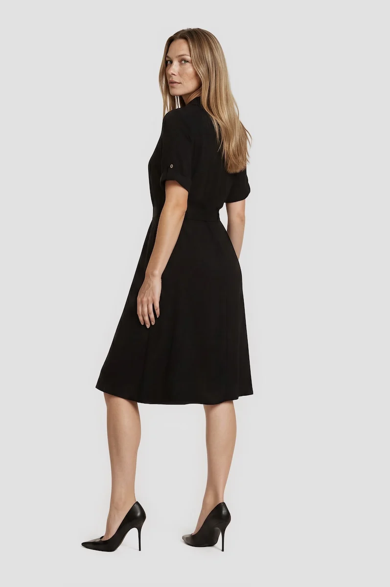 Short Sleeve Button Up Midi Dress - Black - Image 2