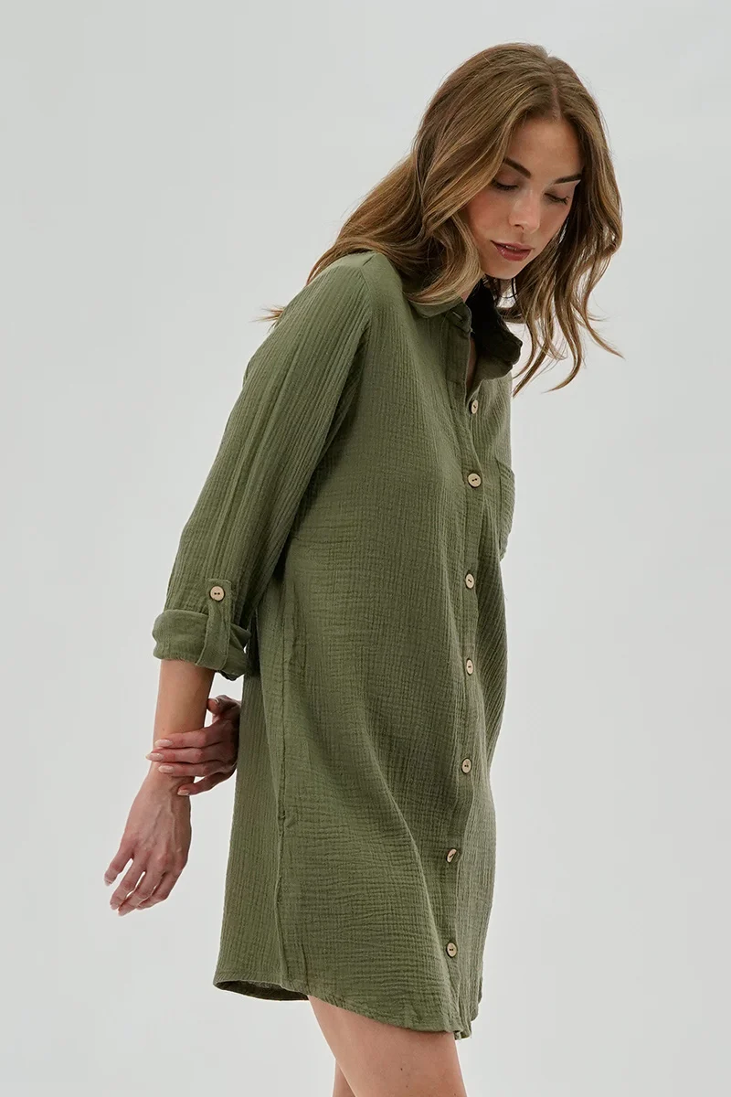 Button Up Day Dress - Olive - Image 2
