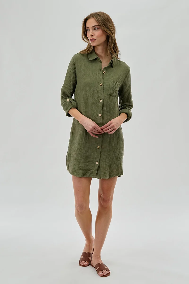 Button Up Day Dress - Olive - Image 5