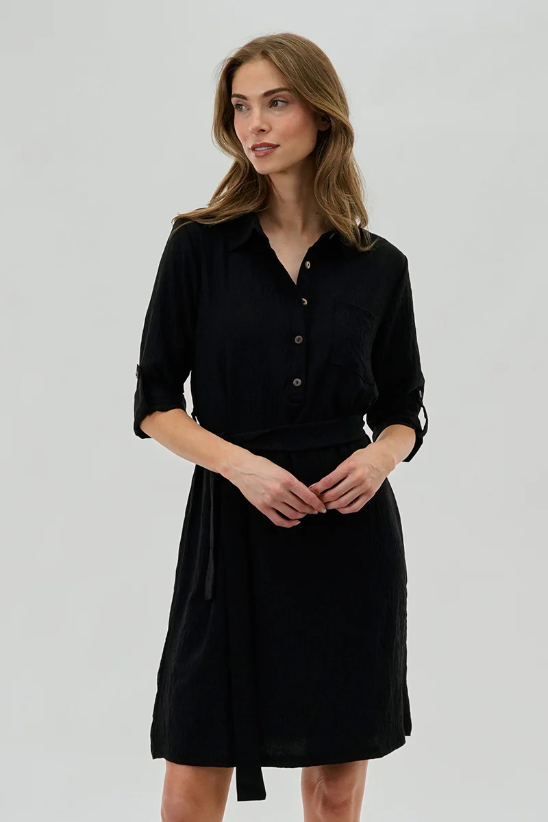 Belted Button Up Day Dress - Black