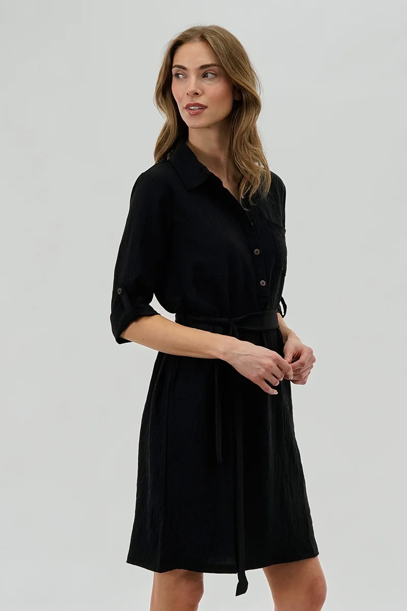 Belted Button Up Day Dress - Black - Image 2