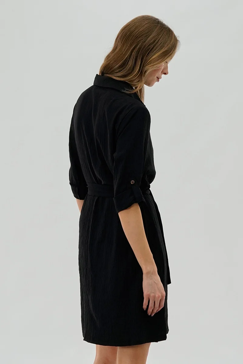 Belted Button Up Day Dress - Black - Image 3