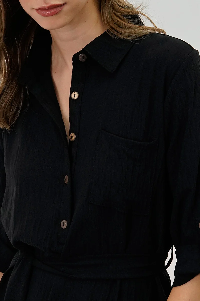 Belted Button Up Day Dress - Black - Image 4