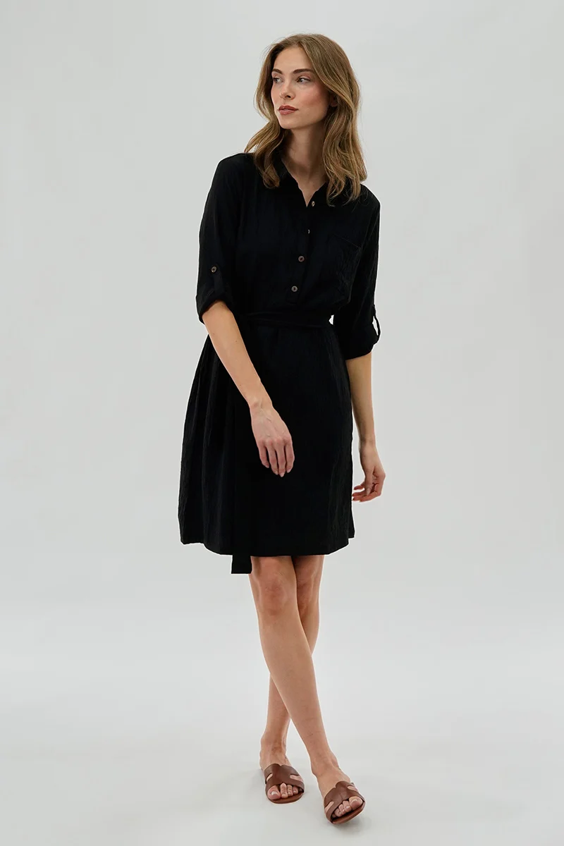 Belted Button Up Day Dress - Black - Image 5