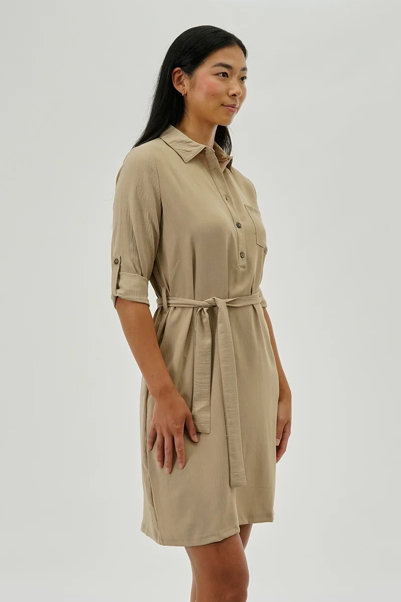Belted Button Up Day Dress - Beige - Image 2