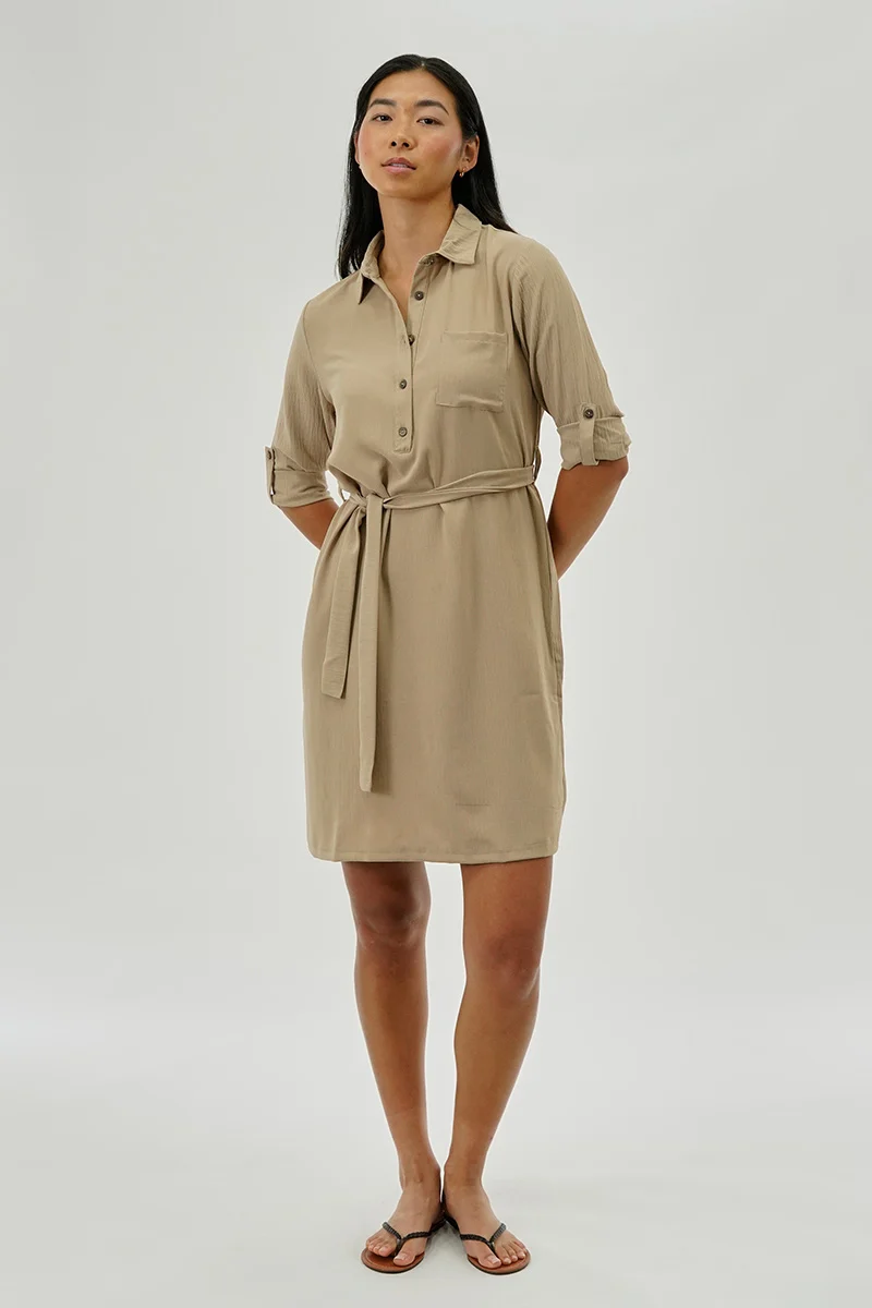 Belted Button Up Day Dress - Beige - Image 5