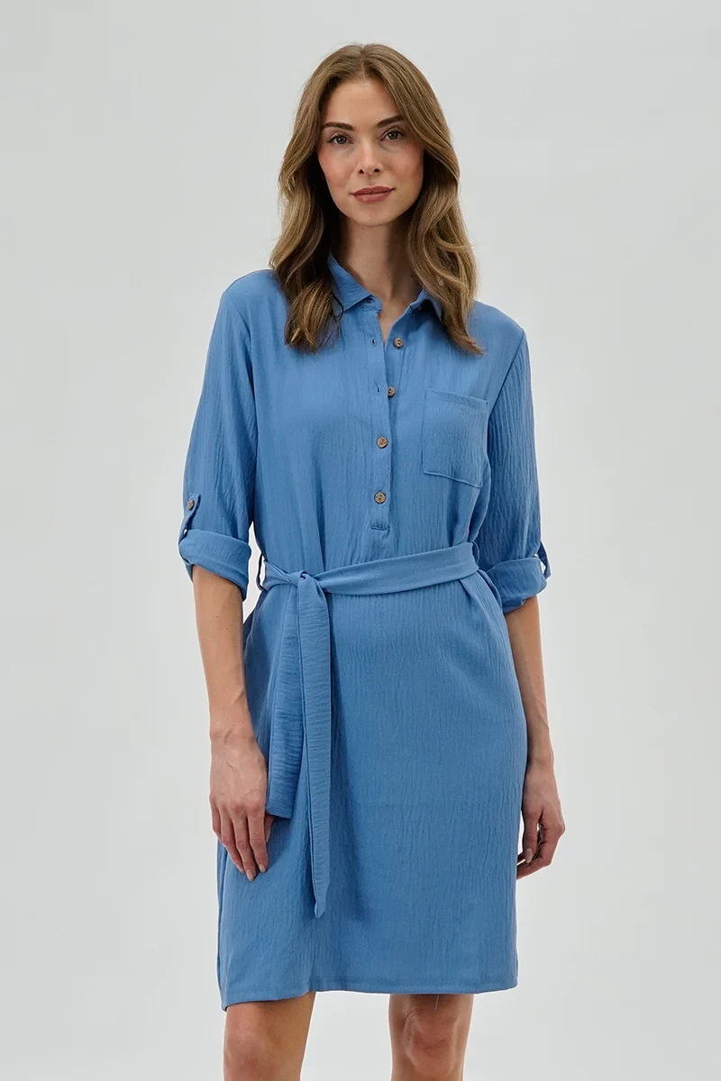 Belted Button Up Day Dress - Blue