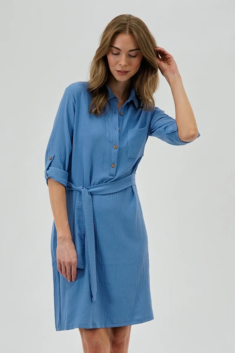 Belted Button Up Day Dress - Blue - Image 2
