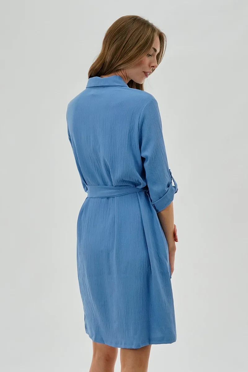 Belted Button Up Day Dress - Blue - Image 3