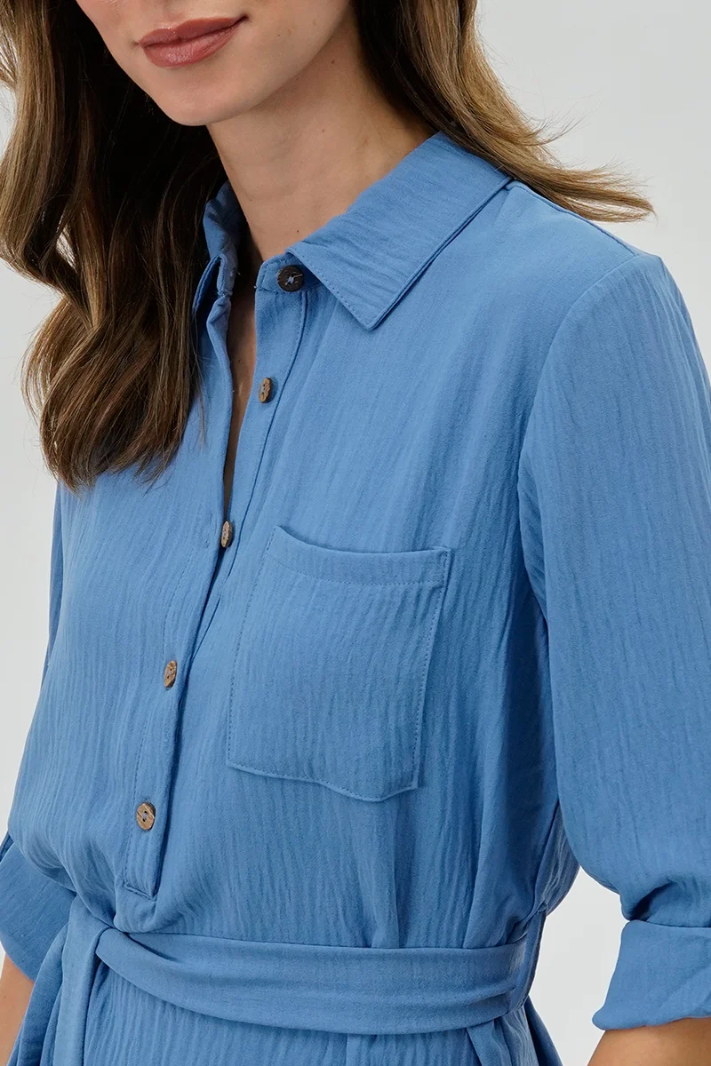 Belted Button Up Day Dress - Blue - Image 4