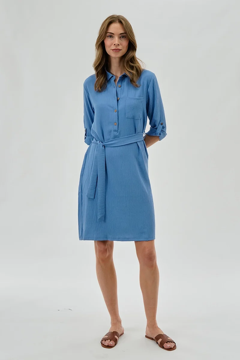 Belted Button Up Day Dress - Blue - Image 5