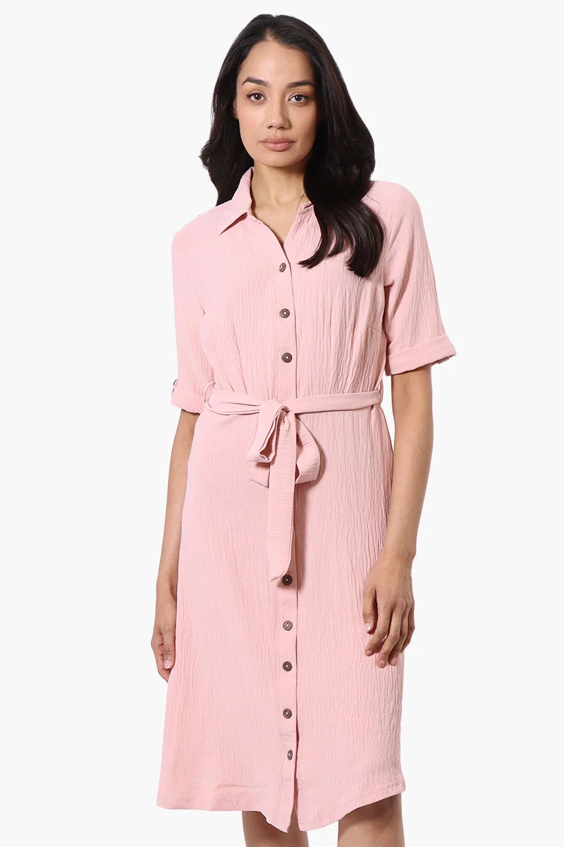 Belted Roll Up Sleeve Day Dress - Pink