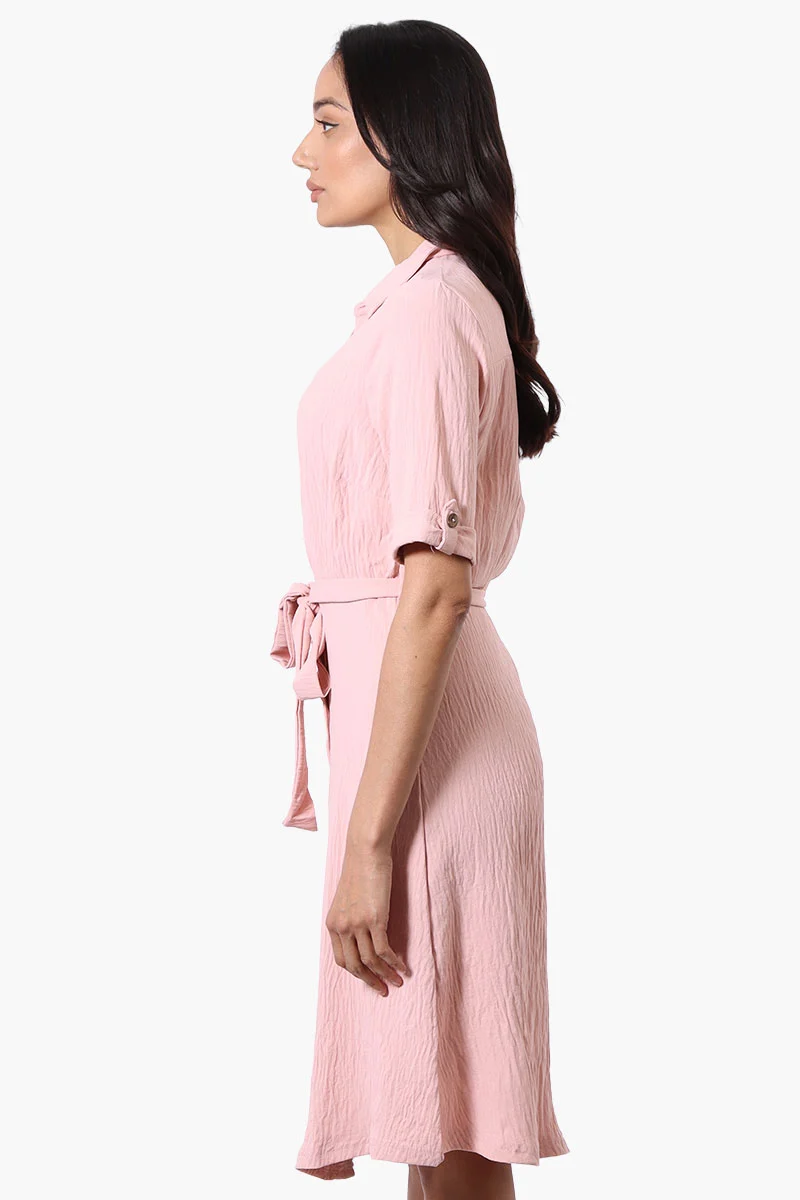 Belted Roll Up Sleeve Day Dress - Pink - Image 2