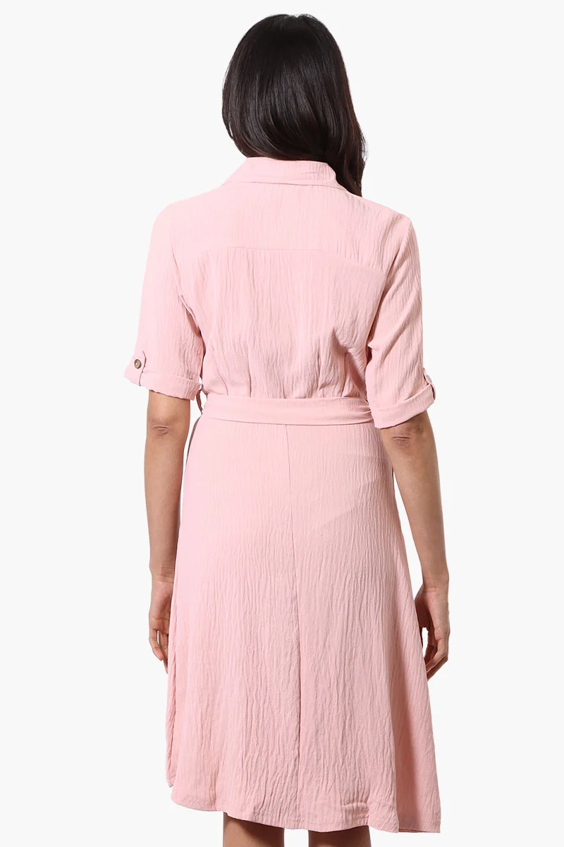 Belted Roll Up Sleeve Day Dress - Pink - Image 3