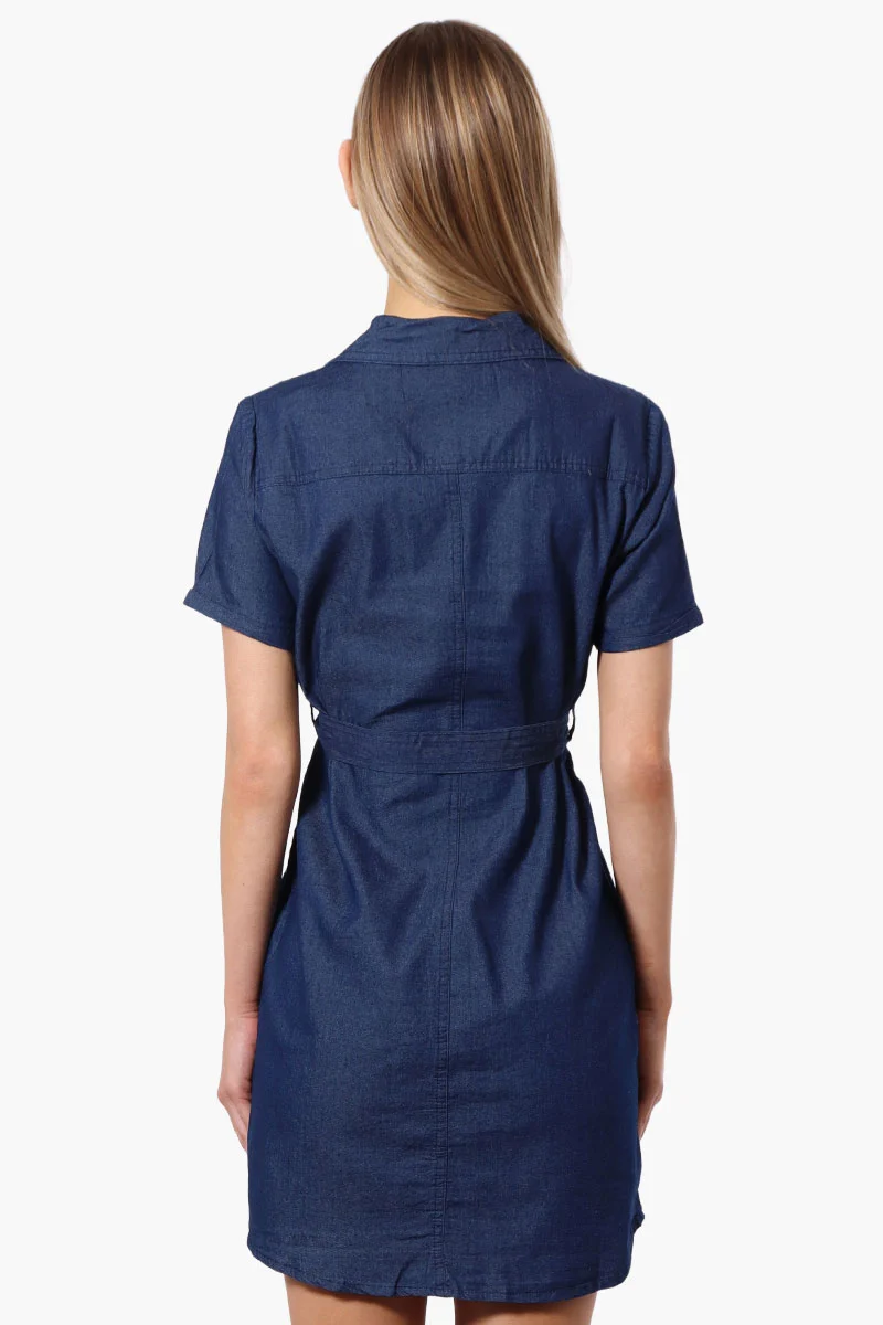 Denim Button Down Short Sleeve Day Dress - Navy - Image 3