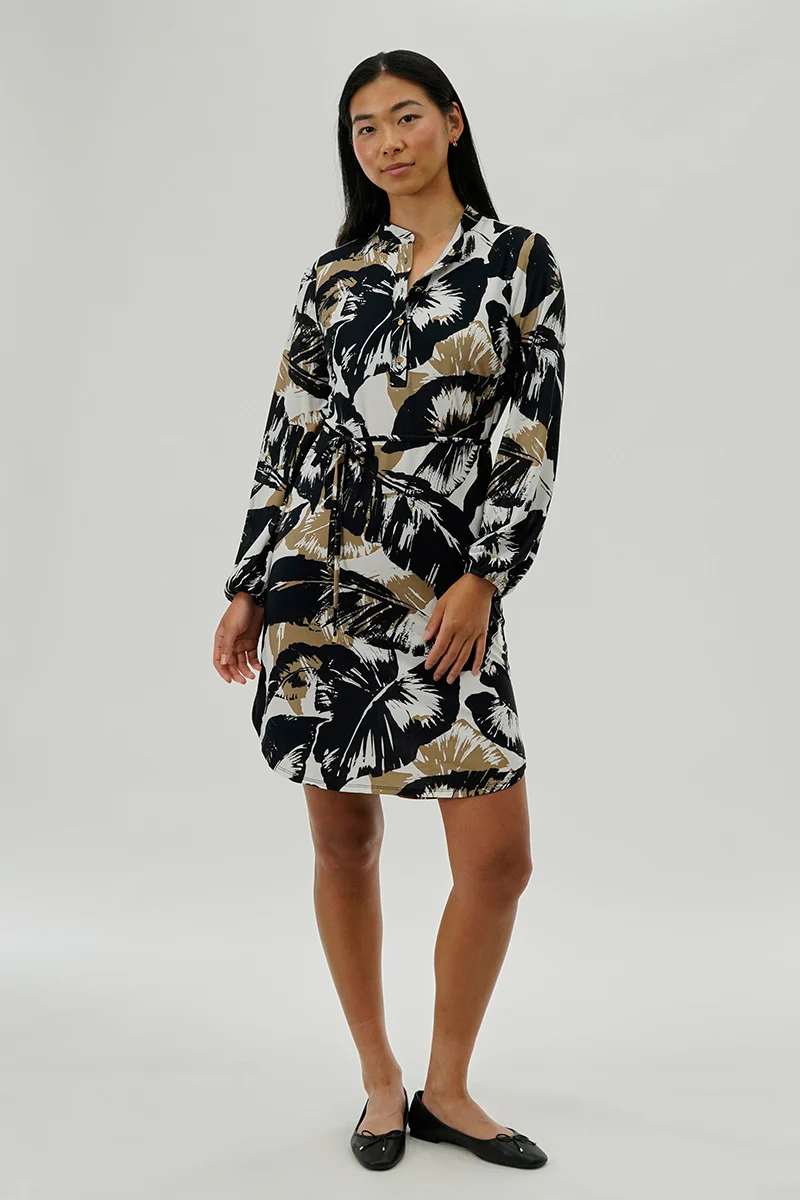 Leaf Print Long Sleeve Day Dress - Black