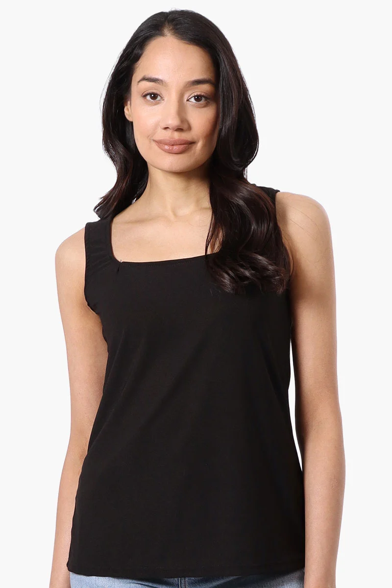 Solid Square Neck Tank Top - Black